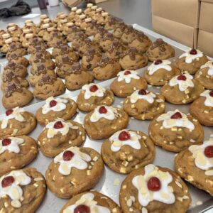 Cherry Bakewell Blondie Stuffed White Chocolate Cookie